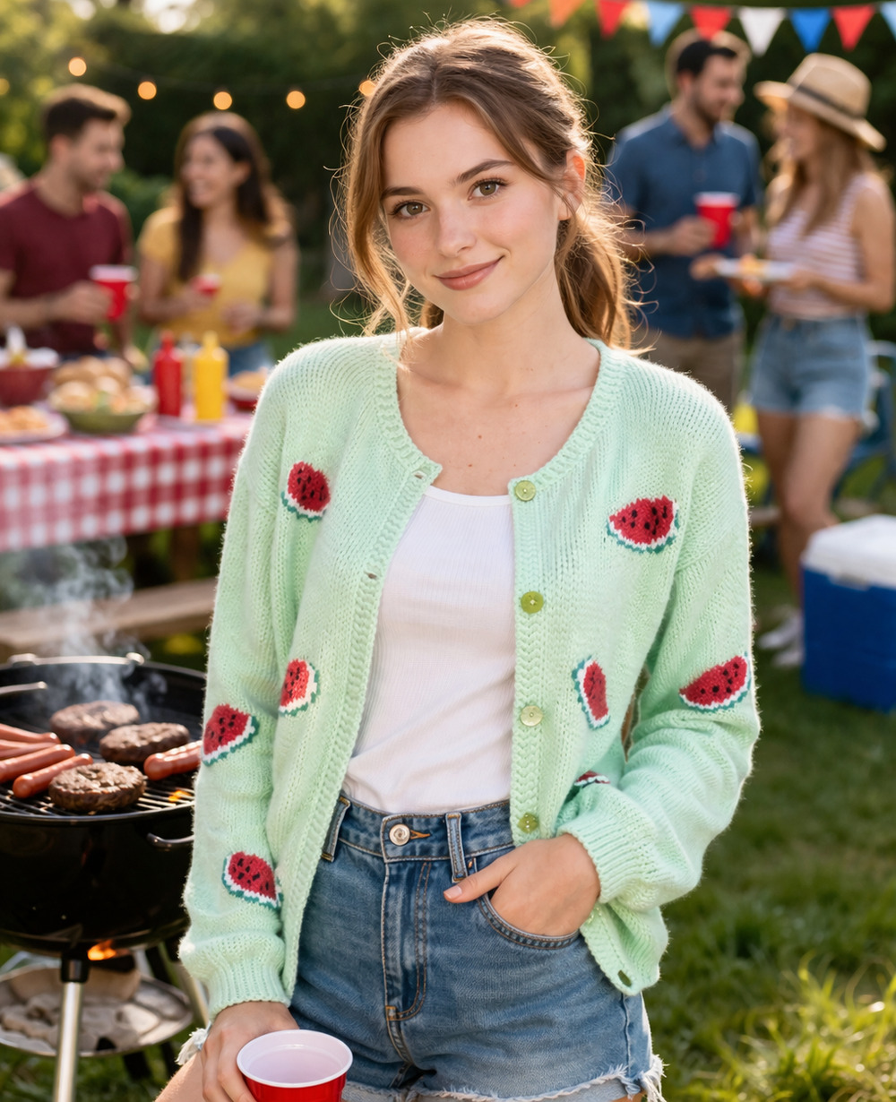Vintage Mint Green Watermelon 🍉 Sweater Size S Cotton Button Front Cardigan